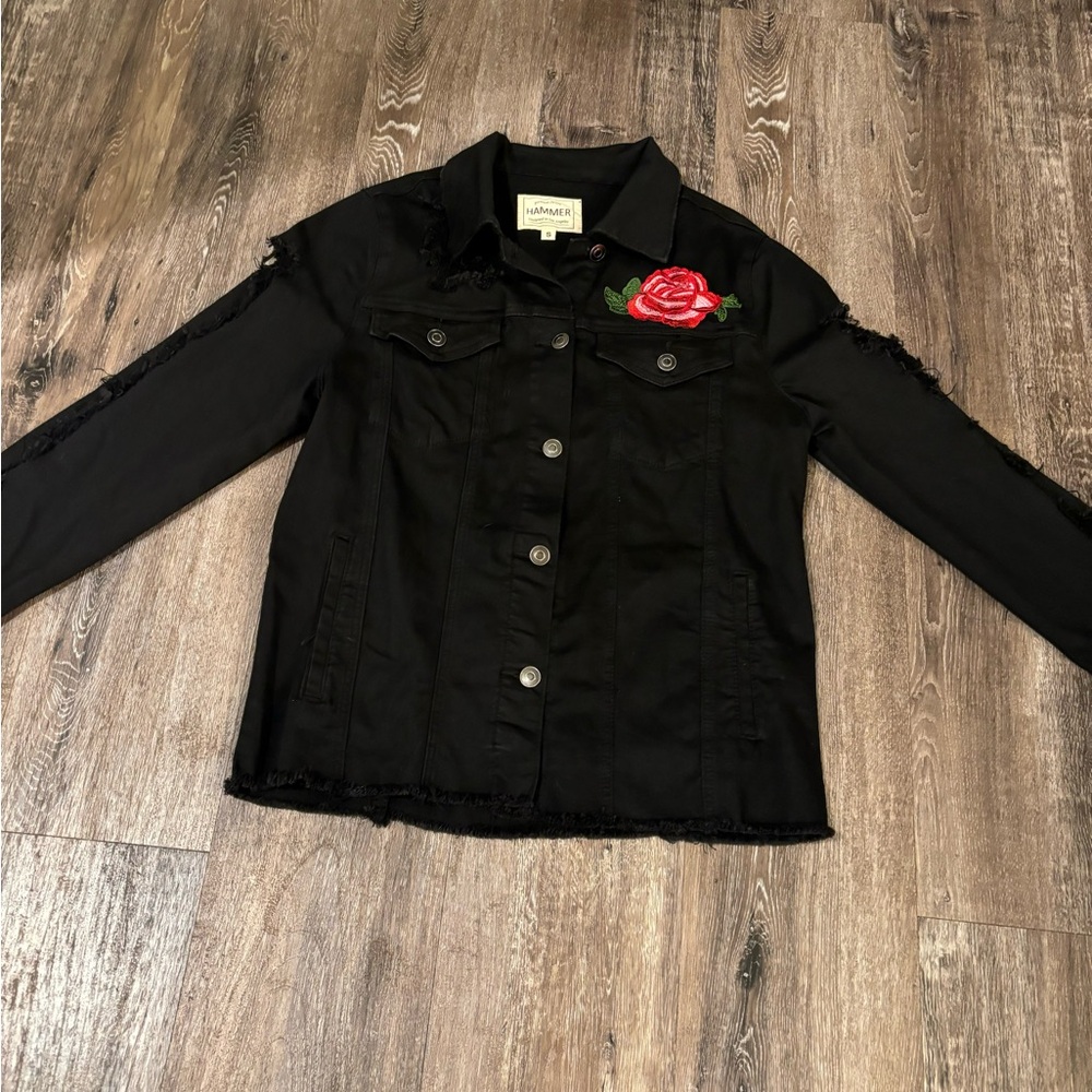 Hammer distressed embroidered Black Denim Jacket with Red Floral Accent
